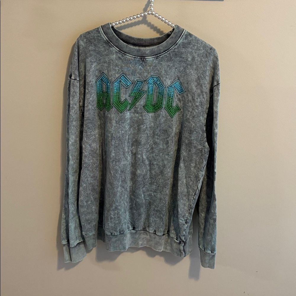 ACDC Band Sweatshirt Medium M Grey Acid Wash Green Studded Graphic Long Sleeve
